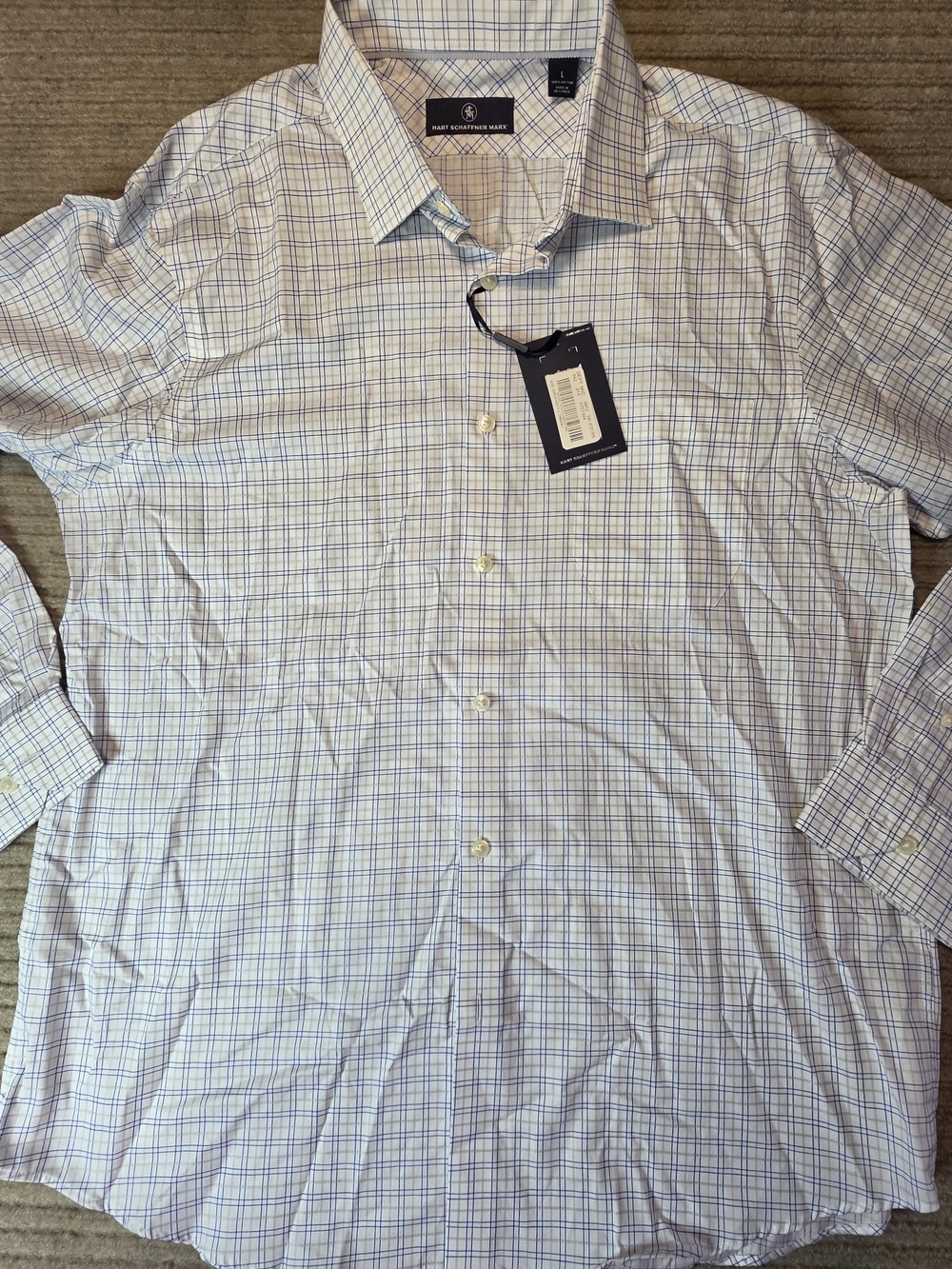 Hart Schaffner Marx Mens Cotton Button Shirt Large LG White Blue Check